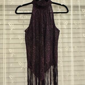 BLACK & PINK SHIMMERY KNIT FRINGE HALTER TANK-TOP | GENTLY WORN | SIZE 6